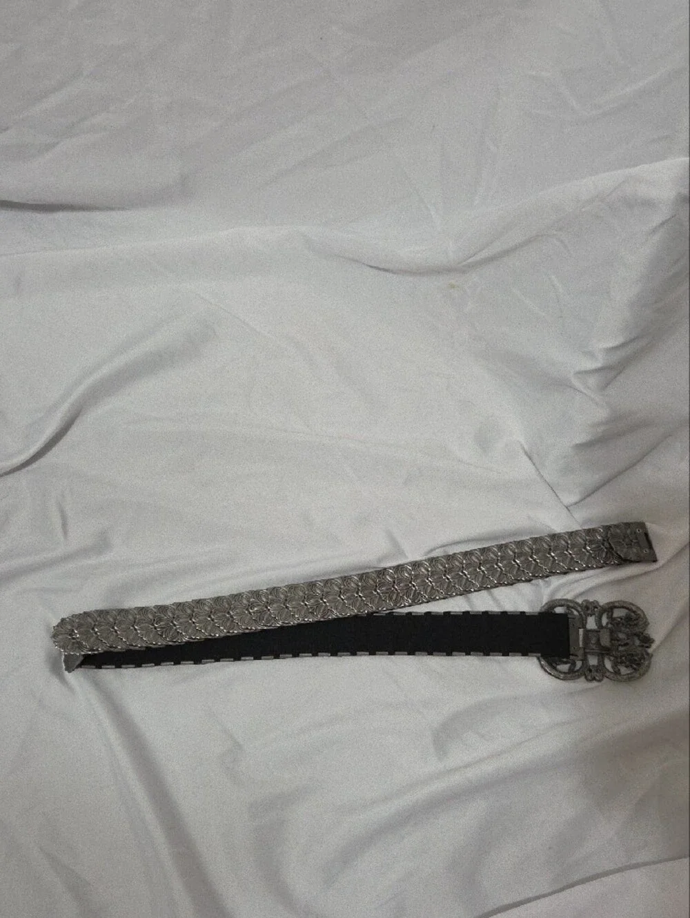 Silvertone Concho Belt, Stretch Elastic on inside, Rhinestone Belt Buckle, 28-32